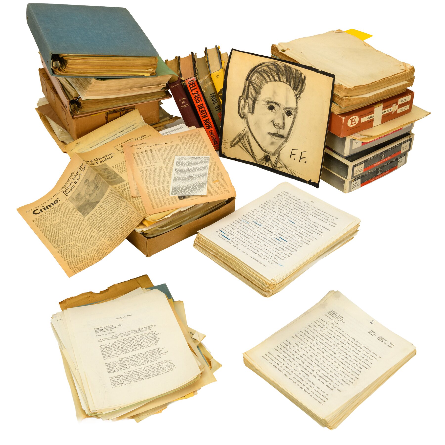 The archive laid out: manuscripts, typescripts, dust-jacketed books, the F.F. portrait and correspondence