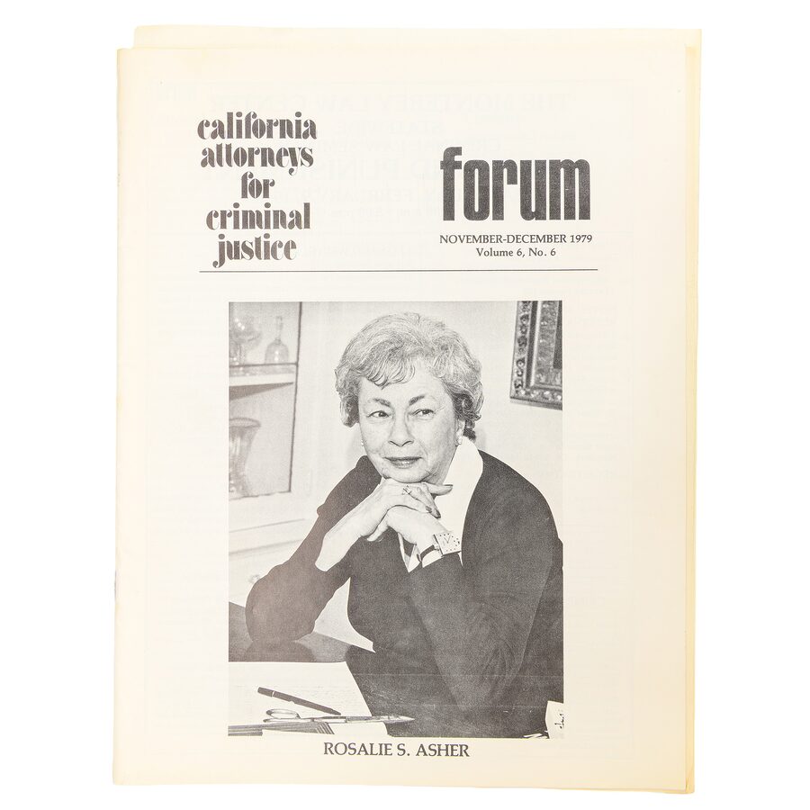 Cover of forum, California Attorneys for Criminal Justice, November–December 1979, with a portrait of Rosalie S. Asher