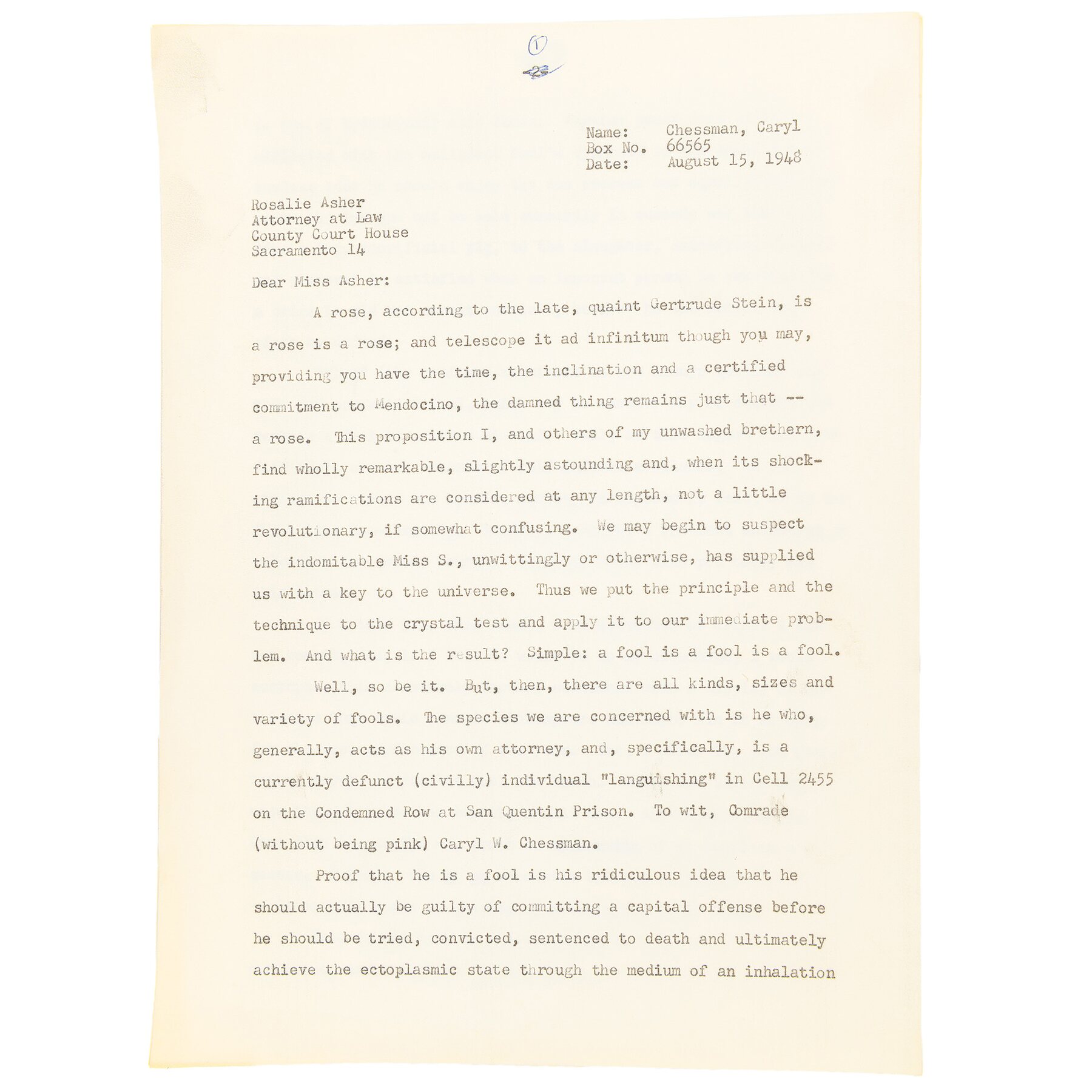 Typed letter headed Name: Chessman, Caryl; Box No. 66565; Date: August 15, 1948, addressed to Rosalie Asher, Attorney at Law